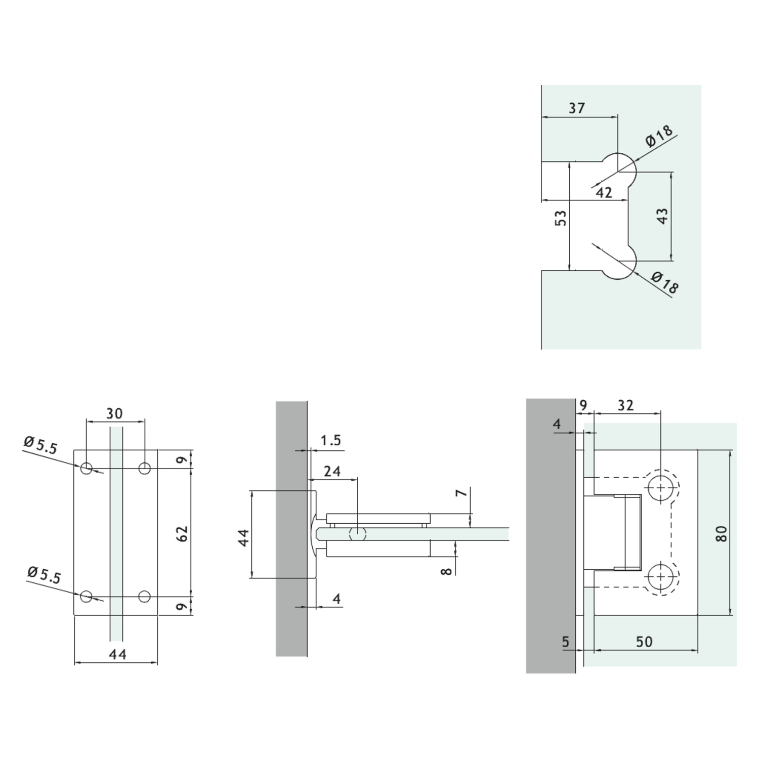 Charnière mur/verre centrale réglable, pour verres 6/8, B50 H80, chromé