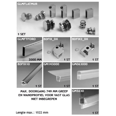 Toebehoren douche met schuifdeur wand/wand voor gekit vast glaspaneel, naar rechts, voor 8 mm glas