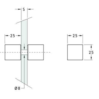 Paar deurknoppen, voor 8/15 mm glas, B25 H25 L25