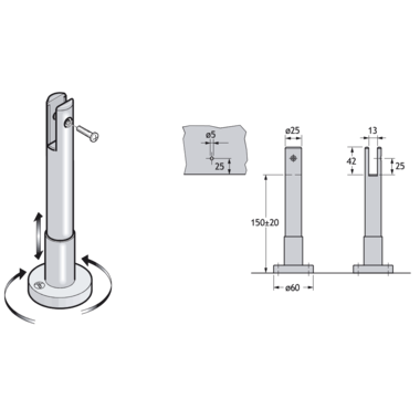 Pba 500-rvs sat. regelbare voet 130-170mm glas 13m m
