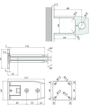 Verstelbare centrale scharnier wand/glas, voor 8/12 mm glas, B110 H60