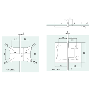 Verstelbare scharnier glas/glas met hoek van 90° zonder zichtbare schroeven, voor 6/8 mm glas, B50 H80