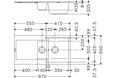Maris - Inbouwspoeltafel / 970 x 500 mm / 1+1/2 bak / Steengrijs / Omkeerbaar