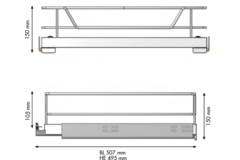 MC Line panier extensible 50cm blanc +hettich quadro ss 30kg+entretoises