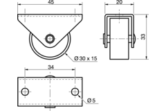 Wiel 30mm 30kg h:33 kunststof-behuiz. verzinkt