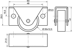 Roulette 35mm 30kg plastique-boitier zingue  montage cote