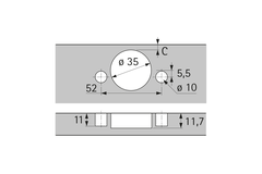 Sensys groothoekscharnier, zonder insprong, met geïntegreerde demping (Sensys 8657i), in obsidiaanzwart, half opliggend, openingshoek 165°, TH-boorbeeld 52 x 5,5 mm, met spreidpluggen (ø 10 x 11)