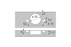 Sensys groothoekscharnier, zonder insprong, met geïntegreerde demping (Sensys 8657i), vernikkeld, half opliggend, openingshoek 165°, THS-boorbeeld 52 x 5,5 mm, 48 x 6 mm, Snelmontage Fix (ø 10 x 6)
