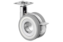 Zwenkwiel+rem d.75 h.103 50kg chr.-grijs/wit design dubbel wiel
