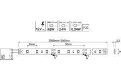 Strip led 2,5m 24W blanc chaud autocollant IP23 sans silicone